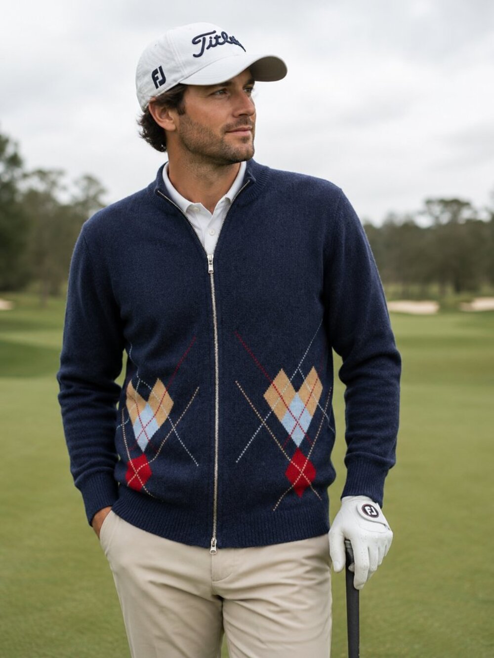 Callaway Golf Argyle Cashmere Sweater Cardigan Jacket Blue Full Zip Mens Large